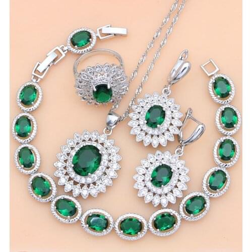 925 Sterling Silver Bridal Jewelry Green Cubic Zirconia White CZ Women Jewelry Sets Earrings/Pendant/Necklace/Rings/Bracelet