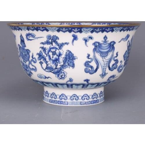 Qing Dynasty Qianlong blue and white bowl gold border eight treasures pattern bowl antique handicraft porcelain household goods
