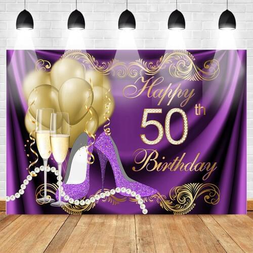 Happy 50th Birthday Backdrop Gold Balloons Purple Heels Photography Background Glitter Pearl Champagne 50th Birthday Backdrops