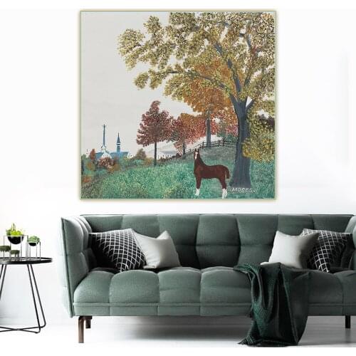 Holover Grandma Moses"Horse"Anna Mary Robertson Canvas Oil Painting Western Art Decor Poster Wall Home Aesthetic Decoration
