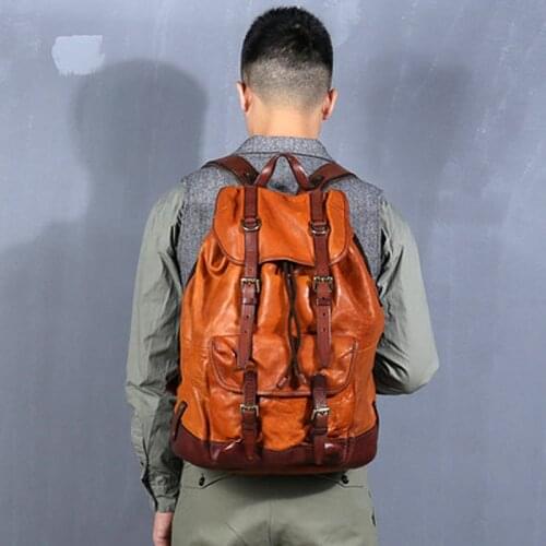 Original imported vegetable tanned cowhide bucket style mens backpack retro trend leather messenger backpack