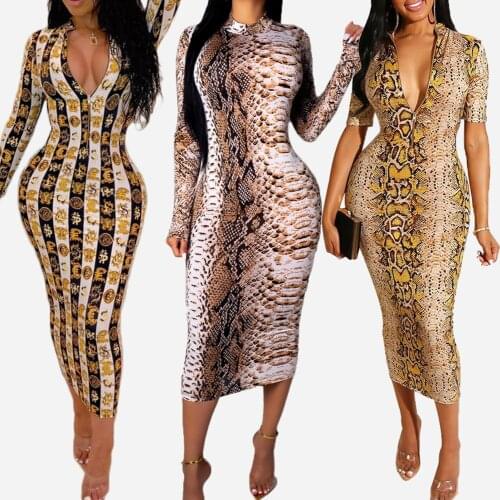 Long Sleeve Snake Pattern Mid-length Dress Lady Sexy Club Suit Hot Selling Fashion Sexy Lady Tight Dress