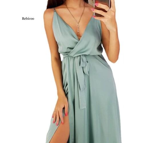 Sexy Women Dress Deep V-Neck Sleeveless Split Strap Design Pure Color Satin Slim Midi Dress Fashion Club Casual Summer New