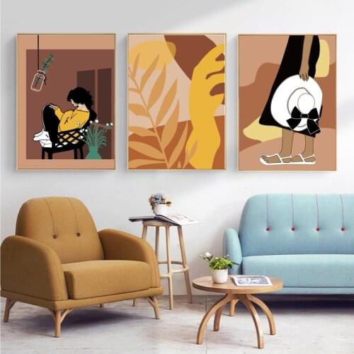 Vintage Girl Abstract Canvas Art Boho Plant Leaf Poster Prints Lady Wall Art Painting Leaf Poster Wall Art Pictures Home Decor