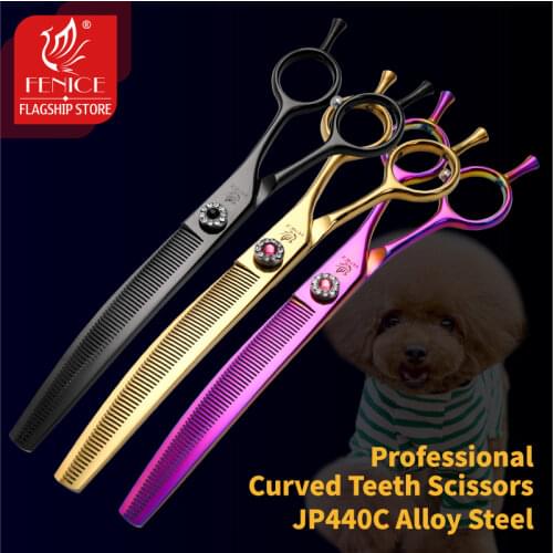 Fenice 7.0 inch Professional Curved Thinning Shear Gold/Black/Pink Purple Pets Dog Grooming Scissors Animal Haircut Tool