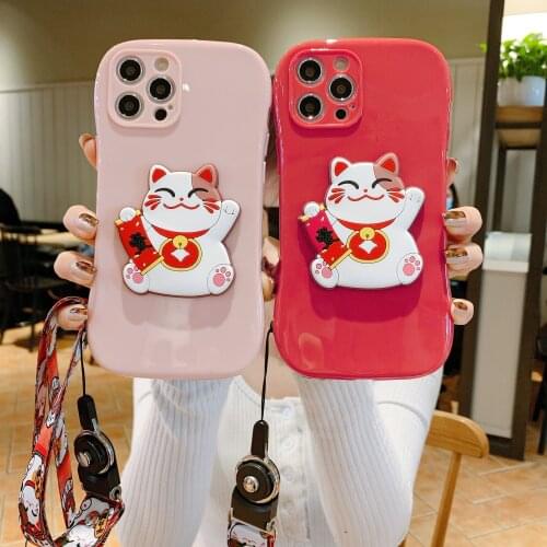 Chinese New Year 3D Lucky Cat Shockproof Case for iPhone 6 6s 7 8 Plus SE2020 X XR 11 Pro Max 12 Mini Cover Phone Straps Lanyard