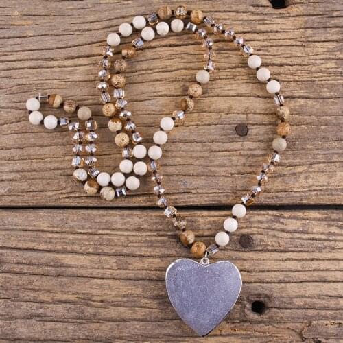 RH Fashion Bohemian Jewelry Accessory 8mm Glass/Stones Long Knotted With Agt Stone Heart Pendant Necklaces For Women Dropship