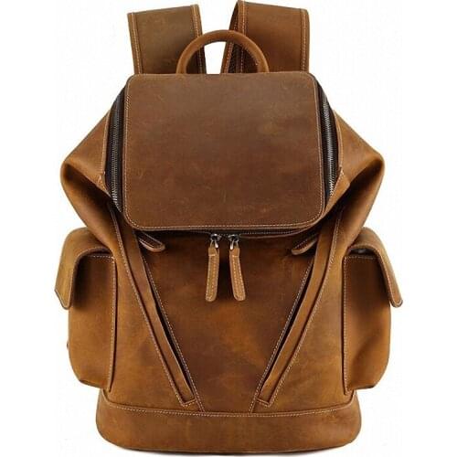 Genuine Crazy Horse Leather Men Backpack 13.3 Inch Laptop Shoulder Bag Retro Travel Bucket Ruckpacks Large Variable Schoolbag