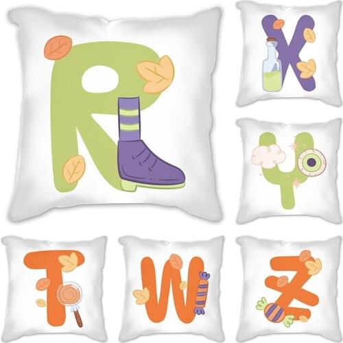 Alphabet cartoon art Cushion Cover Polyester Printed Pillow Case Decorative Sofa Cushions letter leaves Pillowcover Home Decor