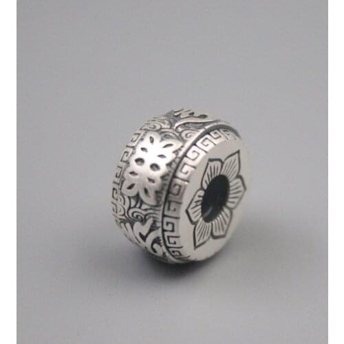 Pure 925 Sterling Silver Bless Lucky Mantra Flower Pattern Tube Bead Pendant For Men Women Gift 17*9mm