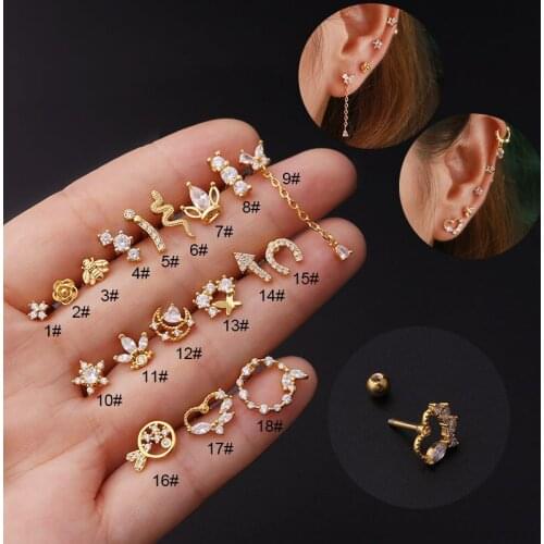 1PC Snake Flower Moon Crown Cz Ear Studs Helix Piercing Cartilage Earring Conch Rook Tragus Stud Ear Piercing Jewelry