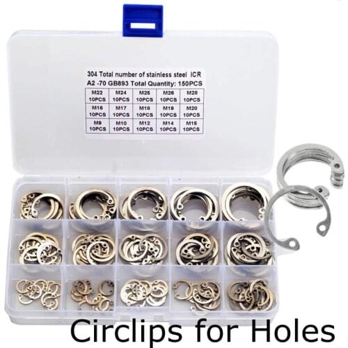 150pcs M9-M28 C-type Internal Circlip Retaining Rings Assortment Kit Stainless Steel 304 Hole Circlip Snap Rings Set