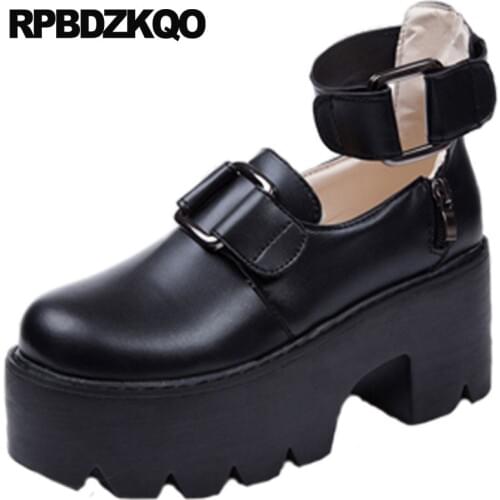 Ankle strap high heels metal 2019 block pumps black gothic cheap 3 inch chunky platform shoes women footwear round toe china new