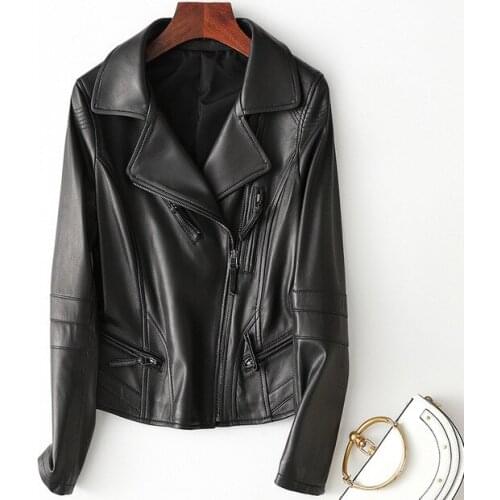Ladies Genuine Leather Jacket Sheepskin Coat 100% Real Sheep Leather Jacket Women Motorcycle Black Female Outerwear Plus Size