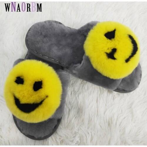 Womens home 100% sheep fur one slippers with rabbit smile face decoration love indoor home slippers non-slip outdoor shoes