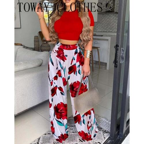 Women Short Sleeve O-neck Top & Floral Print Wide Leg Pants Set