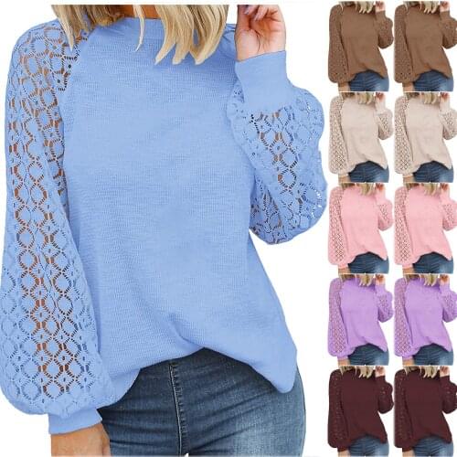 2021 Winter Lace Sleeve Breathable Long Sleeve Top Womens O-neck Long-sleeved Lace Stitching Loose Tops Solid Sweatershirt
