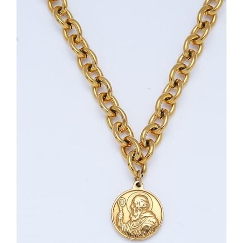 San Benito Medal Necklaces Stainless Steel Saint Benedict Coin Necklace For Women 8mm Metal Rolo Chain Choker Necklace Collar
