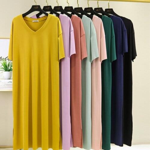 2021 Brand New Women Short Sleeve V-Neck Solid Mid-Length Summer Dress Modal Loose Pullovers Casual Spilt Oversize Dresses