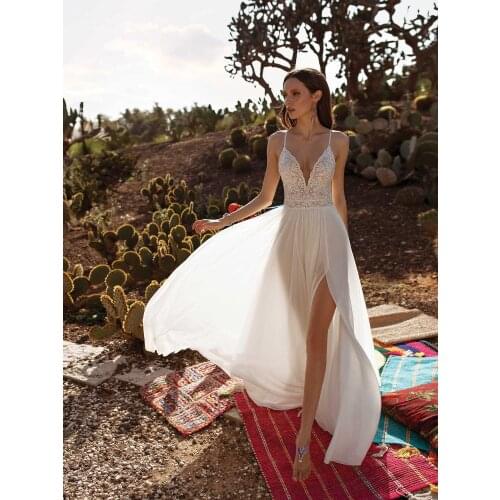 V-Neck Boho Wedding Dress Chiffon Beach Open Back High Slit Spaghetti Straps Bride Dresses Lace Top Long Train Vestido De Novia