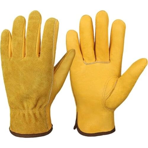 1 Pair Heavy Duty Gardening Gloves Men Women Thorn Proof Leather Work Gloves Yellow Welding Protective Gloves