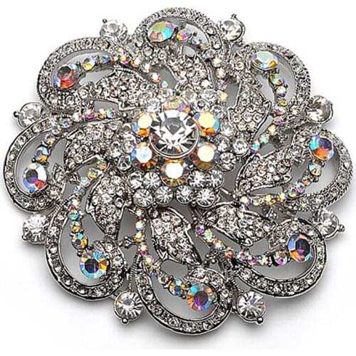 3.5" Extra Large Rhodium Silver Plated Vintage Style Crystal Bridal Floral Brooch