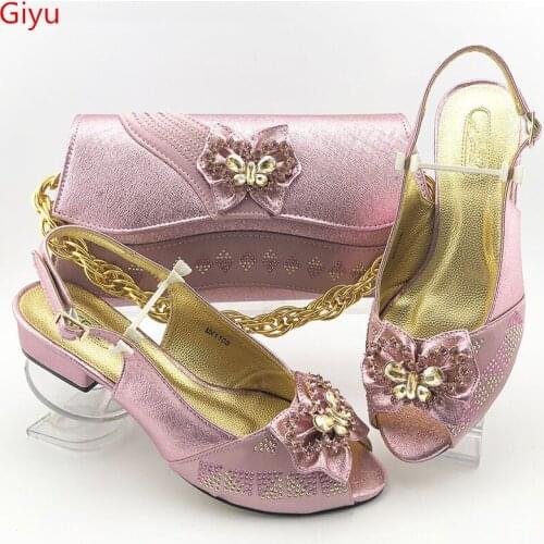 Doershow nice Shoes and Bag Set African Sets 2020 pink Color Italian Shoe Bag Set Decorated with Rhinestone High Quality!SES1-19