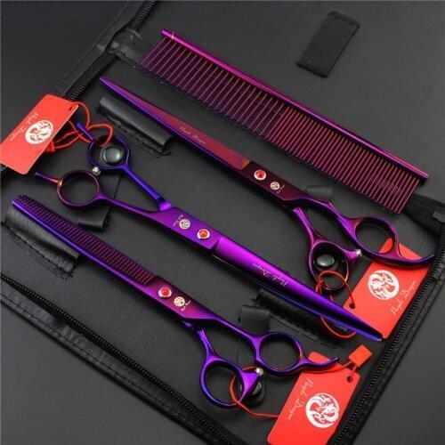 Purple Dragon 8 inch Professional Steel Haircut Tools for Dags Cats Pet Grooming Shears Set 3pcs Scissors+Comb+Leather Bag