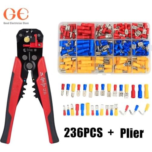 236PCS Assorted Spade Bullet Piggyback Wire Crimp Terminals Electrical Wire Connector Crimp Plier Tool Kit AWG22-10/0.5-6.0mm2