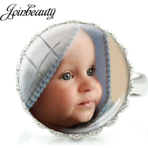 JOINBEAUTY Handmade Personality Photo Family Photo Crown Ring Round Glass Gems Child Mom Family Ring Custom Jewelry NA01