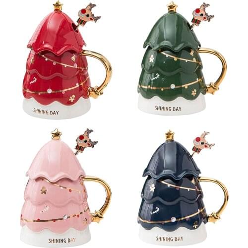 Creative Christmas Tree Mug with Lid and Spoon Milk Cup Coffee Mugs Christmas Gift For Childrens 420ml