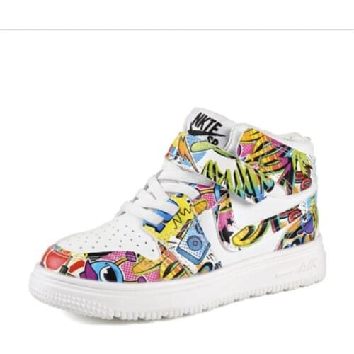 2021 New Spring Fall Sneakers Boys High Top Leather Waterproof Sneaker Graffiti Girls Fashion Student Child Anti-Slippery All-m