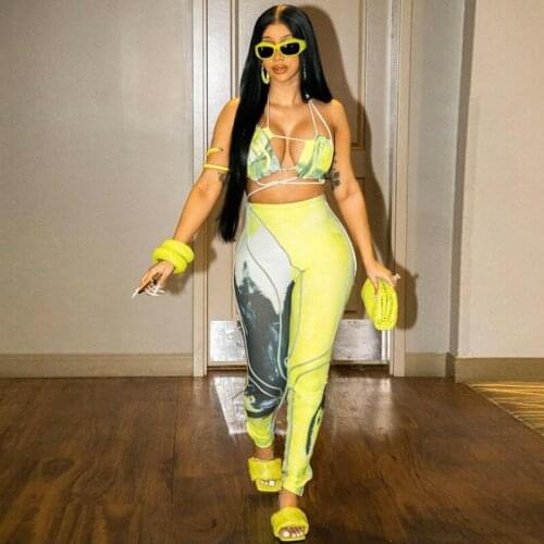 Summer new womens clothing sexy one-shoulder lace-up vest printed contrast color tight casual sports set