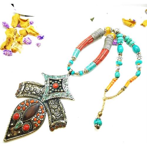 Master Design Nepal Indian brass inlaid Stone coral pendant necklace Multi Statements Big Pendants BOHO Necklace TNL182
