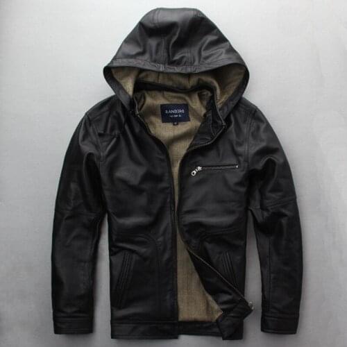 Mens hooded genuine leather jacket black slim fit casual leather coat with hat detachable autumn leather jacket men 2018