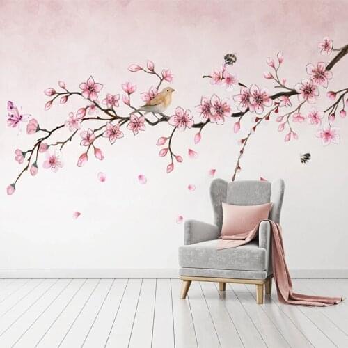 Custom 3D Wall Mural Wallpaper Modern Hand-painted Garden Pink Flowers Butterflies Fresco Living Room Bedroom Background Sticker
