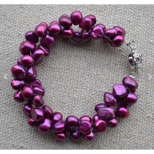 New Favorite Pearl Bracelet AA 6-7MM Amaranth Color Twisted Freshwater Pearl Silver Flower Clasp Handmade Bangle Chirstmas Gift