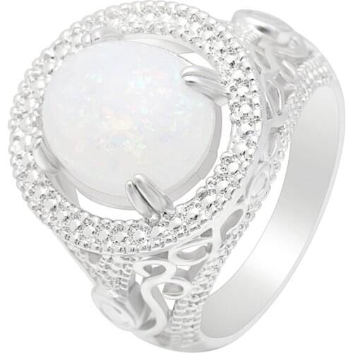 Hainon Silver Color Round Cut White Fire Opal Rings Wedding Engagement Promise Statement Anniversary Jewelry Vintage Rings
