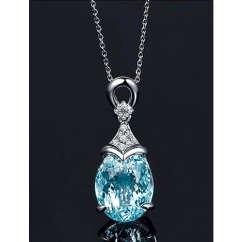 Huitan Delicate Water Drop Shaped Pendant Necklace for Women Fresh Sky Blue Oval Cubic Zirconia Luxury Fashion Wedding Jewelry