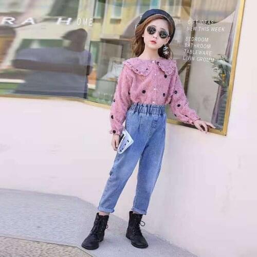 School Big Kids Baby Girl Clothes Pink Ruffle Tops Shirt Denim Long Pants Autumn Spring Summer Outfit 6 8 10 12 Years 2Pcs Set
