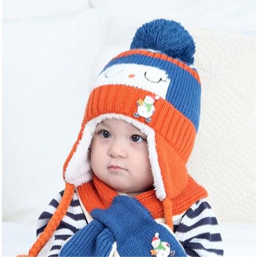 Cute Big Hair Ball Winter Baby Hat Scarf Cotton Knitted Baby Caps Girls&Boys Infant Bonnet Kids Cap Toddler Accessory 2Pcs/Set