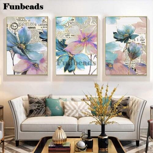 Blue Abstract Flower Diamond Painting 5D Art 3 Piecs Diamond Embroidery Triptych Pictures Nordic Floral Home Decor FF4106