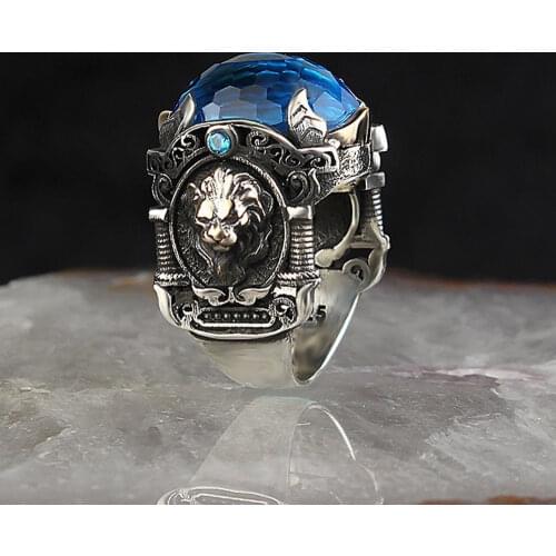 Spectacular 925 Sterling Silver Mens Ring with Lion Symbol Crystal Zircon Stone, handmade Vintage gift for him 2021 Fashion