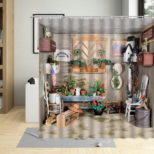 Garden Flower Printing Bathroom Set Shower Curtains Garden Potted Plant Wall Decor Waterproof Fabric Bath Curtain With 12 Hooks