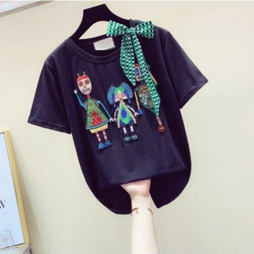 2020 Summer T Shirt Woman Fashion Embroidery Sequins Cartoon Scarf Bow Short Sleeve T-shirt Student Loose Tshirt Women
