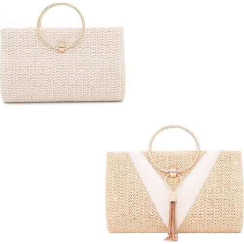 Womens Evening Bag Retro Straw Clutch Bags with Tassel Ring Handle Handbag Vintage Crossbody Bag Party Banquet Purse