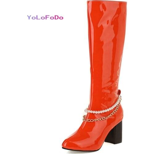 2021 Autumn Winter Women Knee High Boots Patent PU Leather Square High Heel Womens Boots Side Zipper Ladies Candy Colors Boots