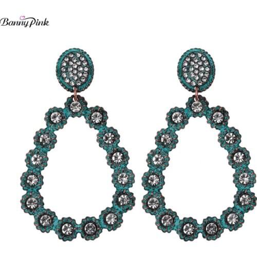 Banny Pink Indian Patina Flower Statement Earrings For Women Bohemia Crystal Cluster Stud Earrings Big Waterdrop Earrings Brinco