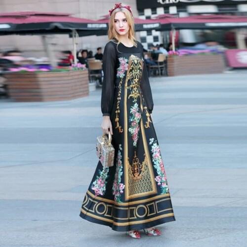 High Quality 2017 Spring Maxi Dress Womens Long Sleeve Flower Floral Printed Vintage Long Dress