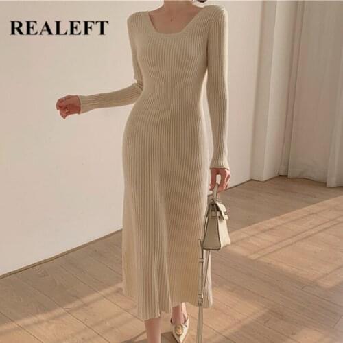 REALEFT Autumn Winter 2021 New Elegant Knitting Wrap Dresses Long Sleeve Square Collar Solid Office Long Sweater Dresses Female